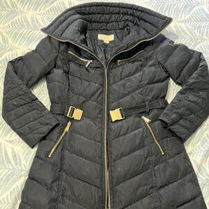 Long Black Puffer Coat with Belt